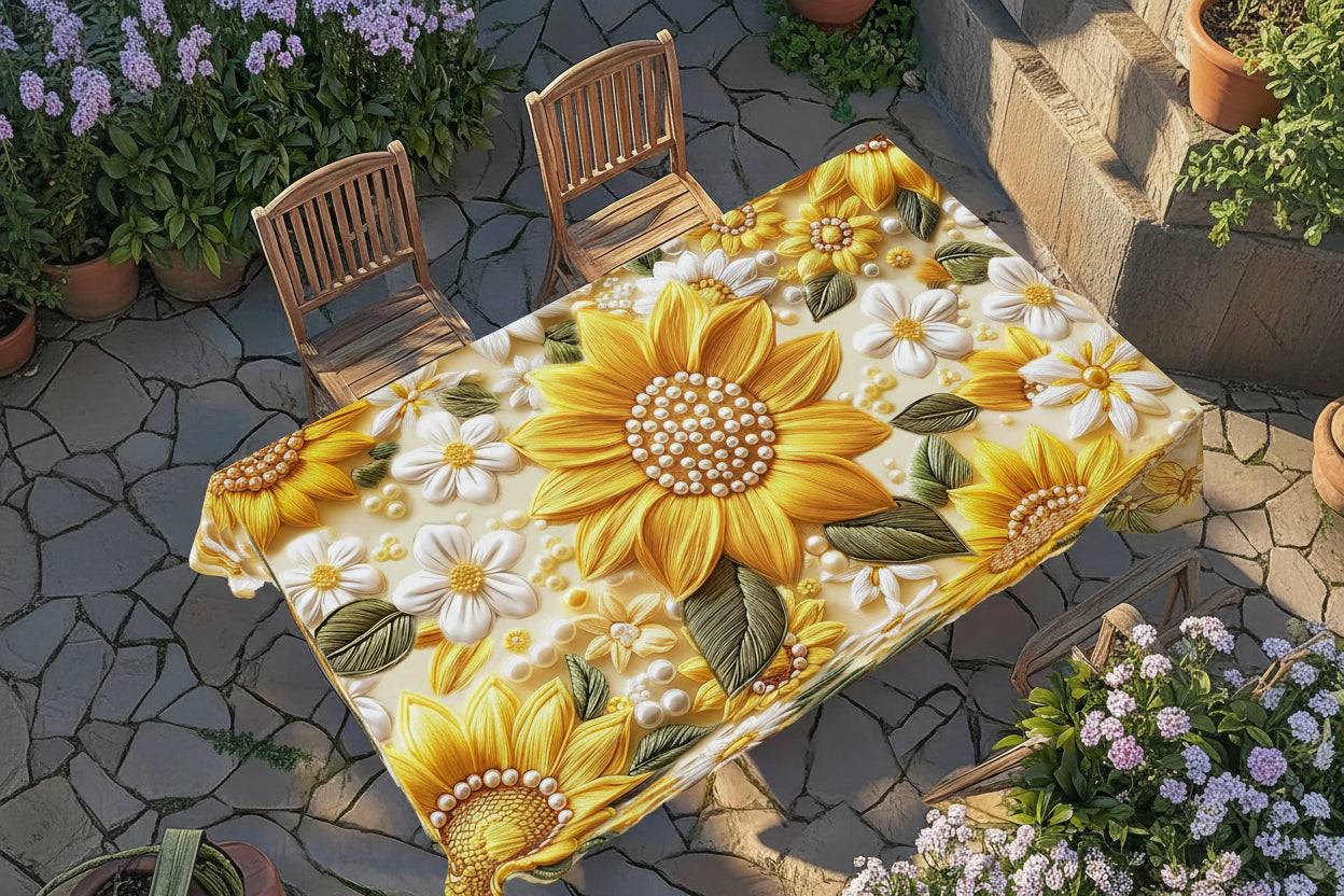 1 Toalha de mesa criativa com estampa de flor estéreo 3D, flores amarelas brilhantes, design de padrão de pérola, piquenique estilo de acampamento de primavera e verão, temporada de casamento, dia das mães, aniversário, decoração de festa de aniversário de jardim, acessórios de cozinha, terraço de restaurante, presente perfeito para amigos, vários tamanhos