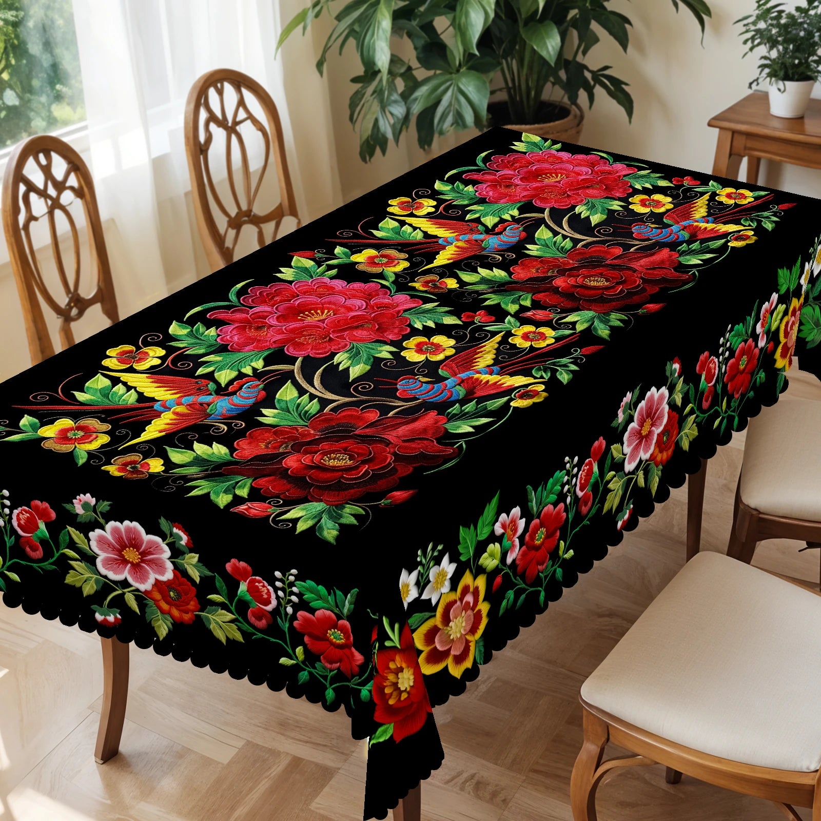 1 peça, toalha de mesa de flores coloridas estilo mexicano vibrante + 4 peças autoadesivas, impressão de padrão de flor, borda em relevo, adequada para decoração de casa de cozinha, toalha de mesa de decoração de festa, presente perfeito, primavera, verão e outono, perfeita para decoração de jantar interno/externo