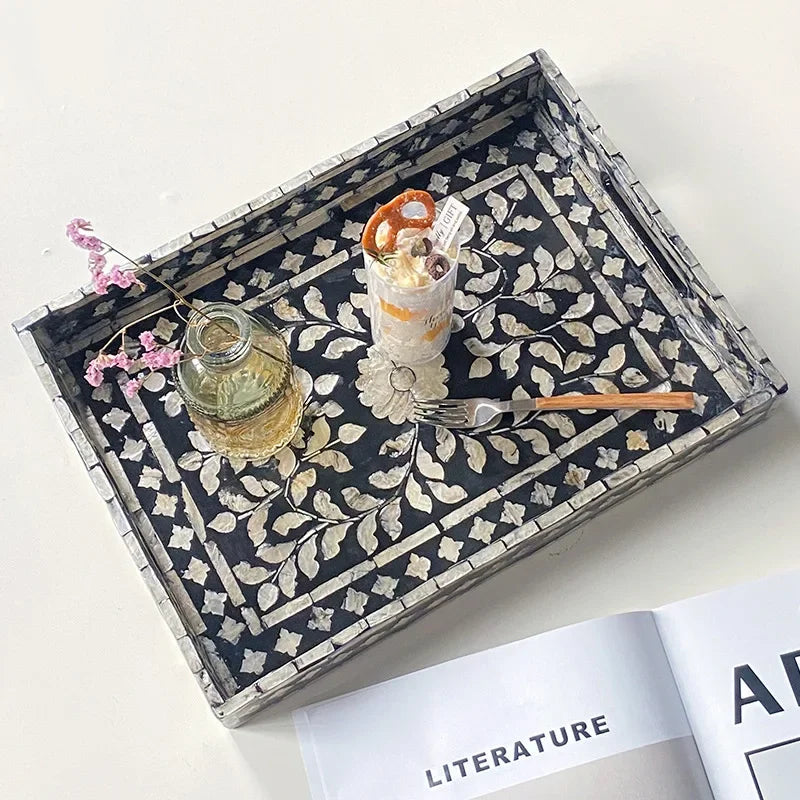 Ahunderjiaz-Bandeja Retro Shell Quadrado, Sala De Jantar E Sala De Estar, Decorações De Mesa, Armazenamento De Luxo Preto Leve, Bandeja De Frutas, Casa D
