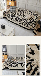 Capa de sofá de pelúcia de lã polar, espessura de pano, antiderrapante, toalha de sofá, estampa geométrica, almofada de assento, cobertor de cobertura completa