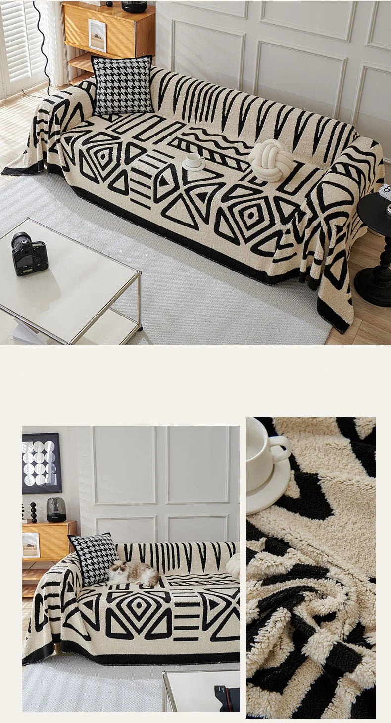 Capa de sofá de pelúcia de lã polar, espessura de pano, antiderrapante, toalha de sofá, estampa geométrica, almofada de assento, cobertor de cobertura completa