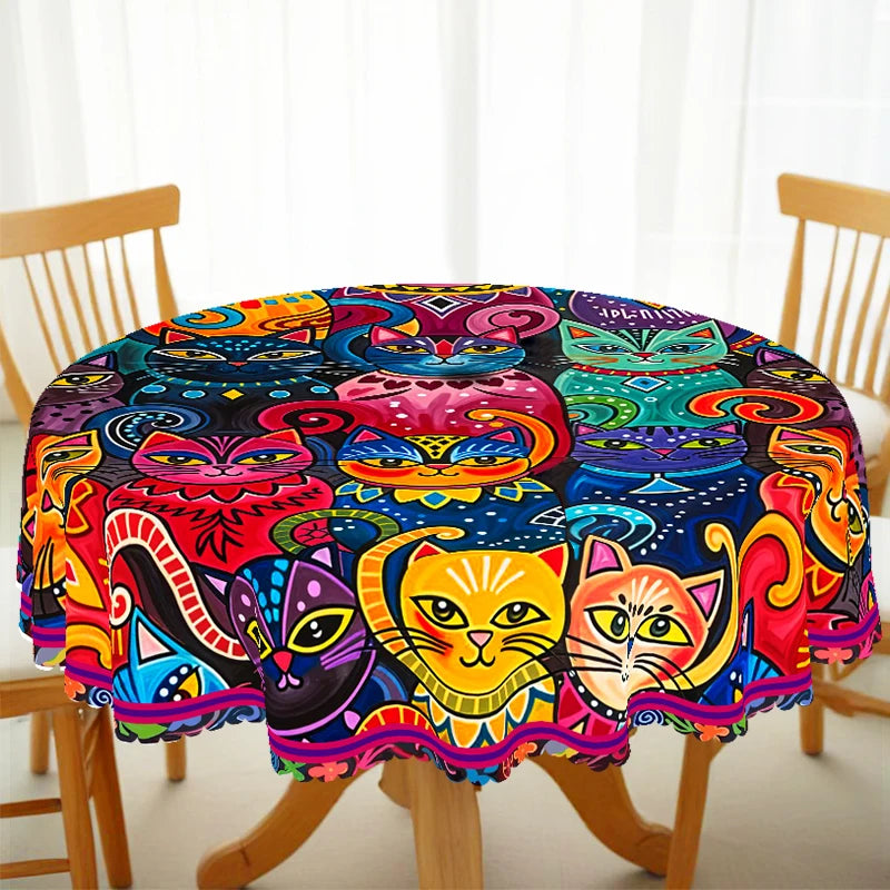 1 peça, toalha de mesa redonda/retangular com tema de gato fofo + 4 adesivos autoadesivos, material de poliéster tecido, padrão de gato e estampa floral, adequado para decoração de quarto