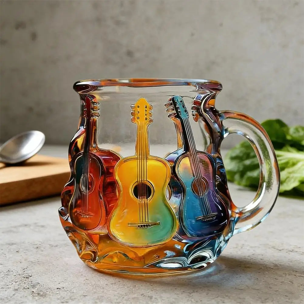 Copo de vidro de guitarra pintado 350ml novidade 3d pintado caneca de café exclusivo colorido pilha de guitarra copo de café coleção presentes