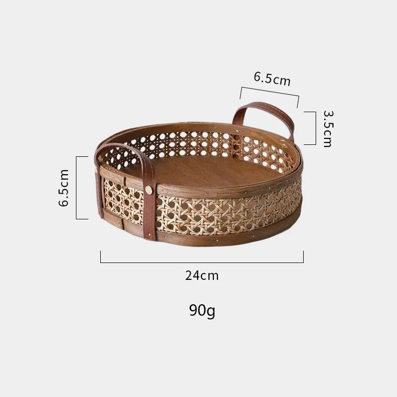 Nordic retro artesanal armazenamento rattan bandeja de couro alça frutas pão diversos desktop decoração da família cesta redonda pequena