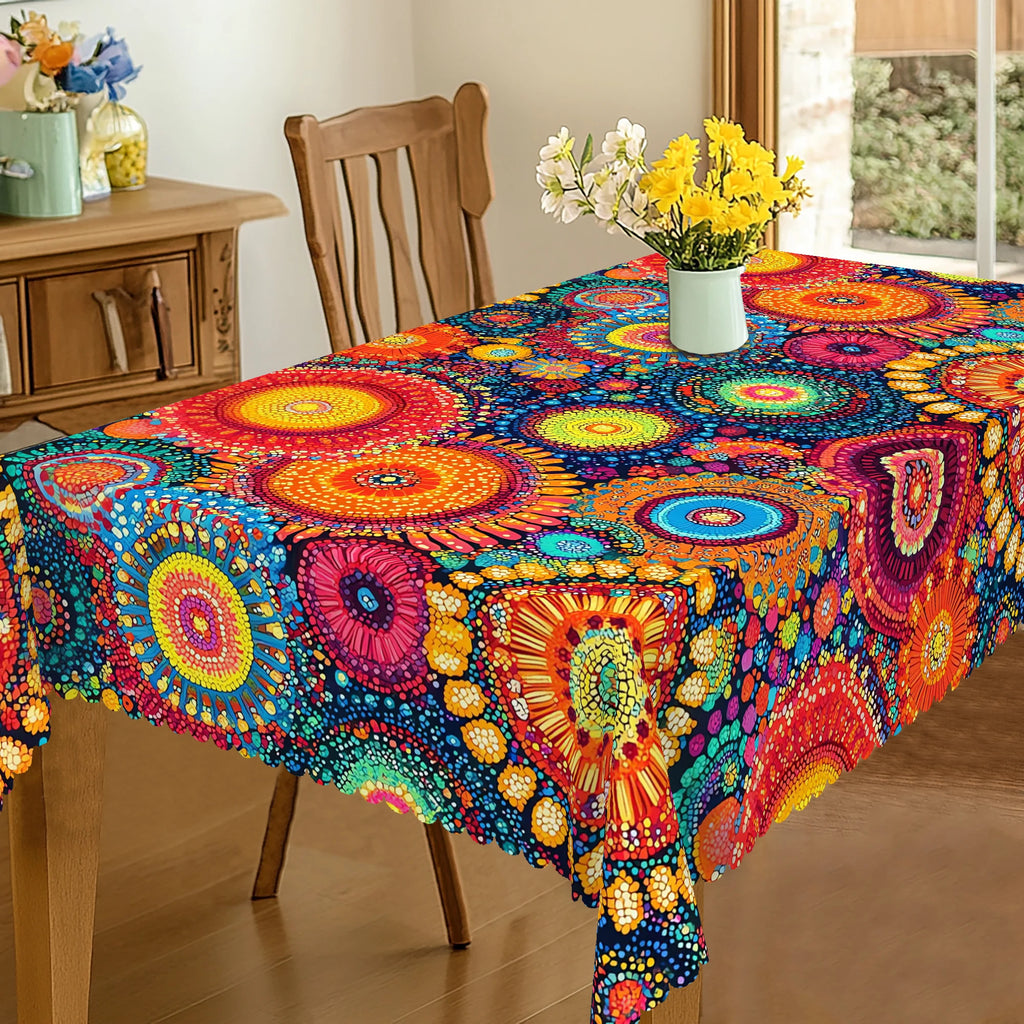 1 pedaço de toalha de mesa boêmia redonda e retangular, disponível em vários tamanhos, design de estampa de bolinhas, cultura hippie, decoração de carnaval, mexicana, primavera e verão, toalhas de mesa para cozinha doméstica, festas, decoração étnica de férias