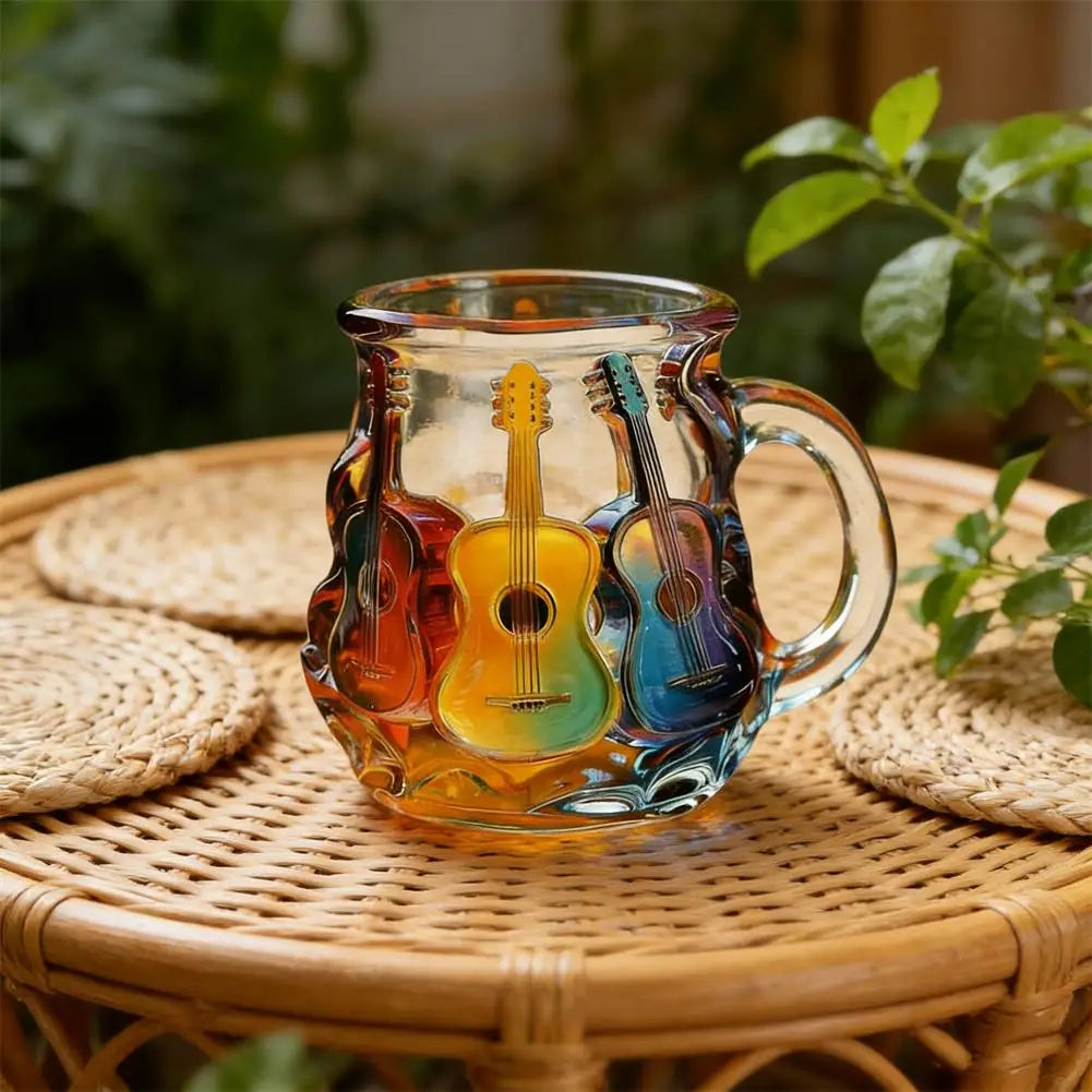 Copo de vidro de guitarra pintado 350ml novidade 3d pintado caneca de café exclusivo colorido pilha de guitarra copo de café coleção presentes