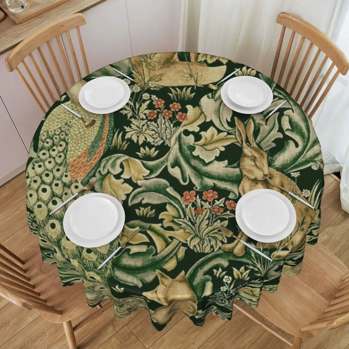 Redonda Pavões E Raposa Por William Morris Toalha De Mesa À Prova De Óleo À Prova D' Água Cobre Animais Da Floresta Têxtil Padrão Toalha De Mesa