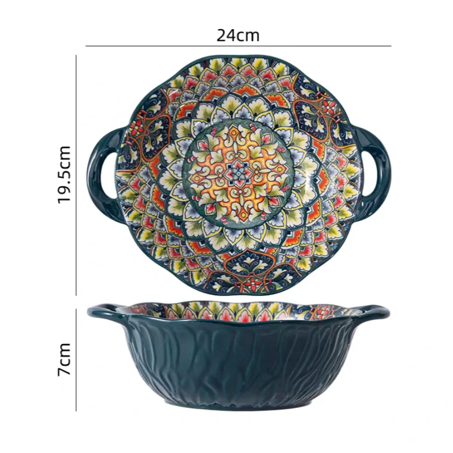 Tigela de sopa de cerâmica estilo boêmio com alça, design seguro para micro-ondas em relevo, ótimo para servir sopa, saladas, macarrão ramen