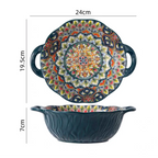 Tigela de sopa de cerâmica estilo boêmio com alça, design seguro para micro-ondas em relevo, ótimo para servir sopa, saladas, macarrão ramen