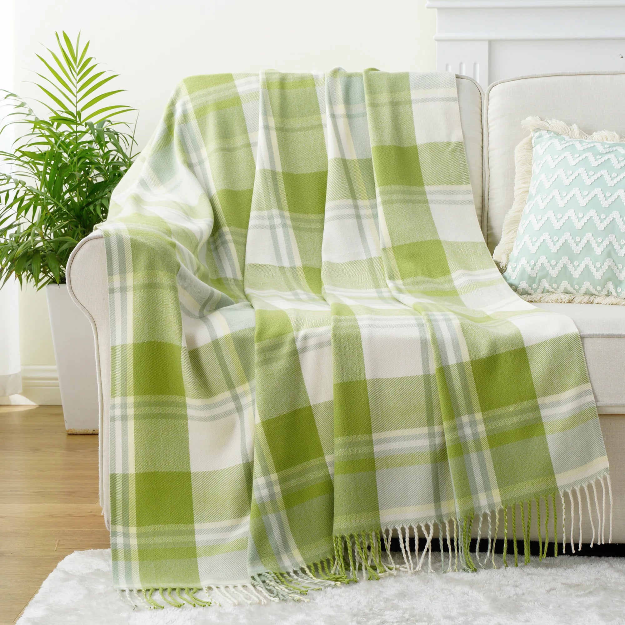 Battilo xadrez lance cobertor para cama sofá verde leve cobertor de caxemira cobertores com borlas primavera lance decoração para casa