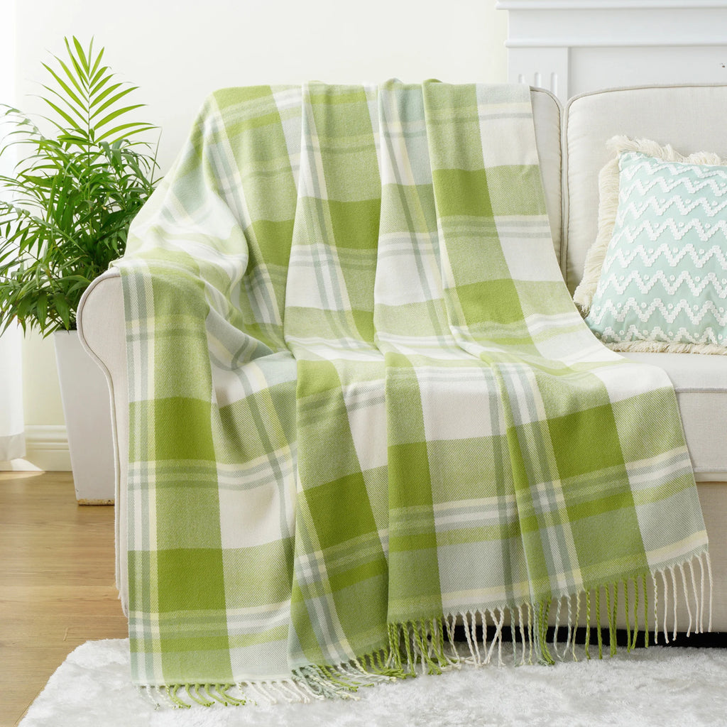 Battilo xadrez lance cobertor para cama sofá verde leve cobertor de caxemira cobertores com borlas primavera lance decoração para casa