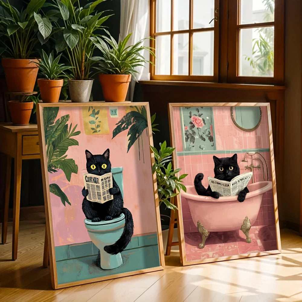 Caprichoso gato preto leitura jornal cartaz imprime banheiro vintage rosa maximalista decoração engraçado toalete pintura em tela arte da parede