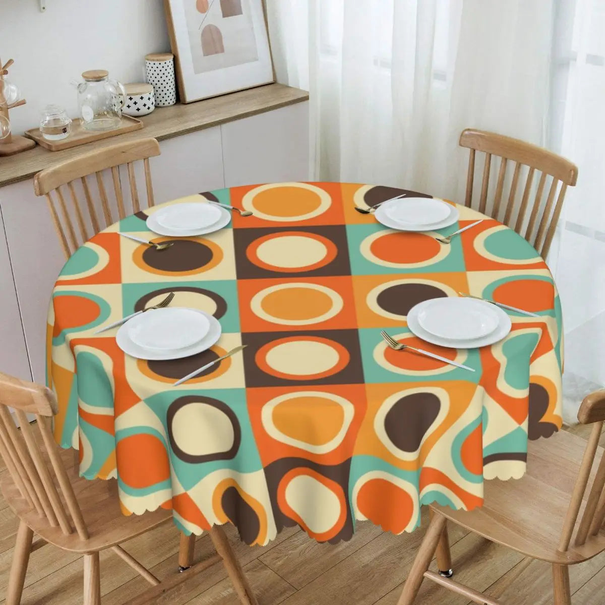 Orange Wave Gradient Retro Pattern Round Tablecloths 60 Inch Abstract Geometric Table Covers for Kitchen Table Cloth