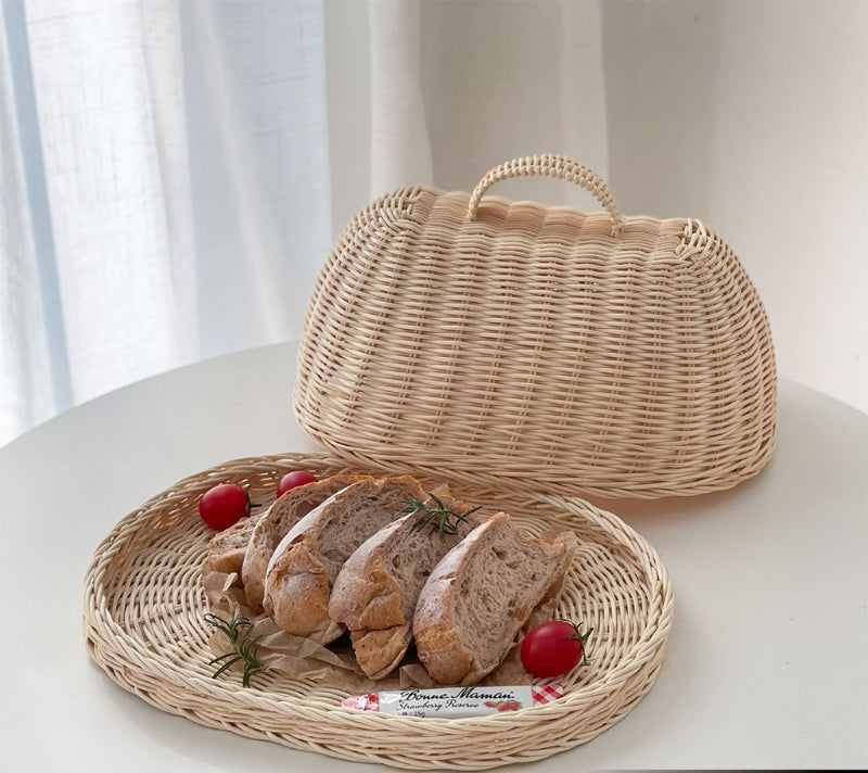 Handwoven Rattan Bread Basket, alimentos frutas e legumes servindo cestas, capa à prova de poeira, organizador despensa para cozinha