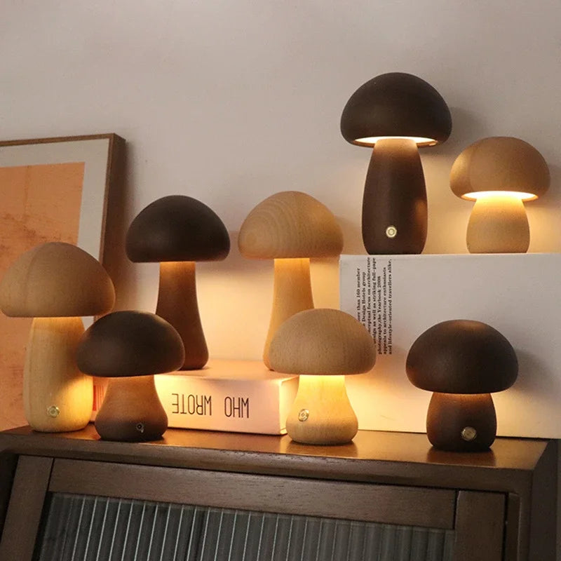 Cogumelo bonito led night light lâmpada de mesa de cabeceira de madeira com interruptor de toque decoração do quarto lâmpada de cogumelo ambiental de alto nível