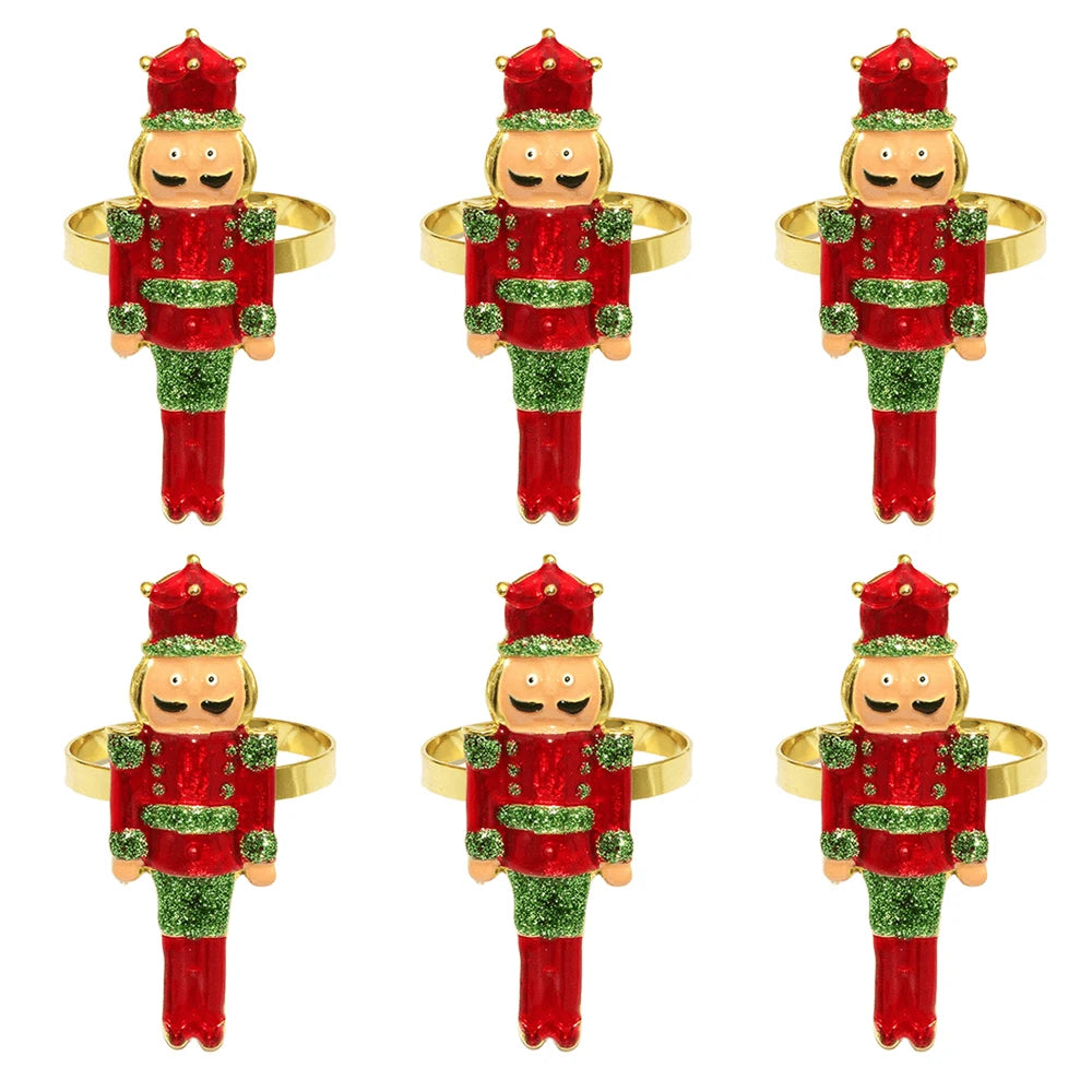6 pçs anéis de guardanapo de natal árvore de natal floco de neve veados quebra-nozes guardanapo titular fivela de guardanapo de ouro para festa de natal decoração de mesa