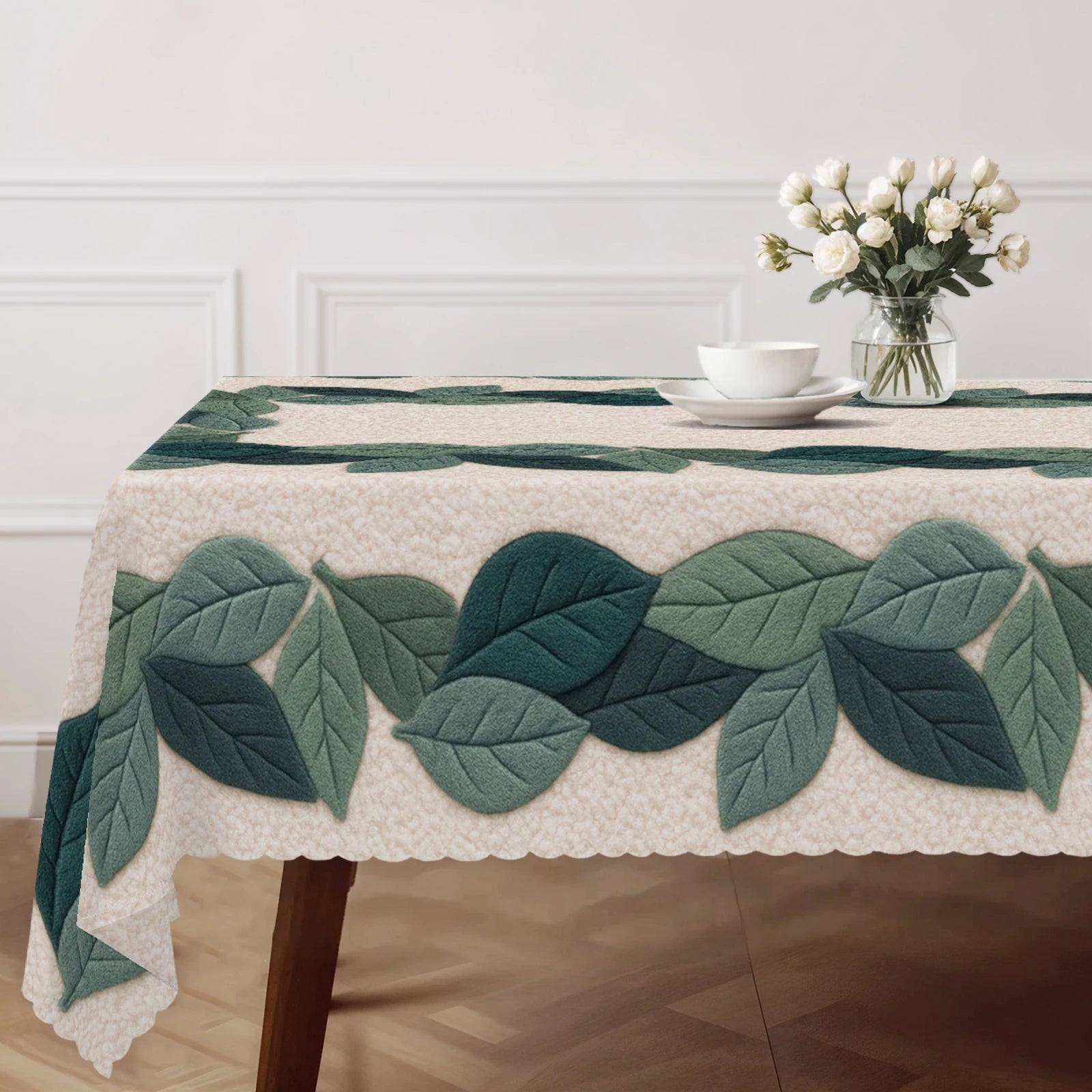 Toalha de mesa com tema de folhas verdes, padrão de impressão de folhas 3D, estilo simples, bordas em relevo, à prova d'água, resistente ao desbotamento, adequada para mesas de jantar retangulares e redondas, decoração de mesa de jantar P-95