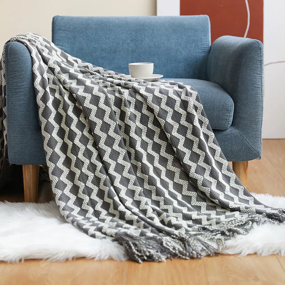 Cobertor de malha acrílica onda cinza, leve e macio, cobertor decorativo com borlas para viagens, sofá, cama