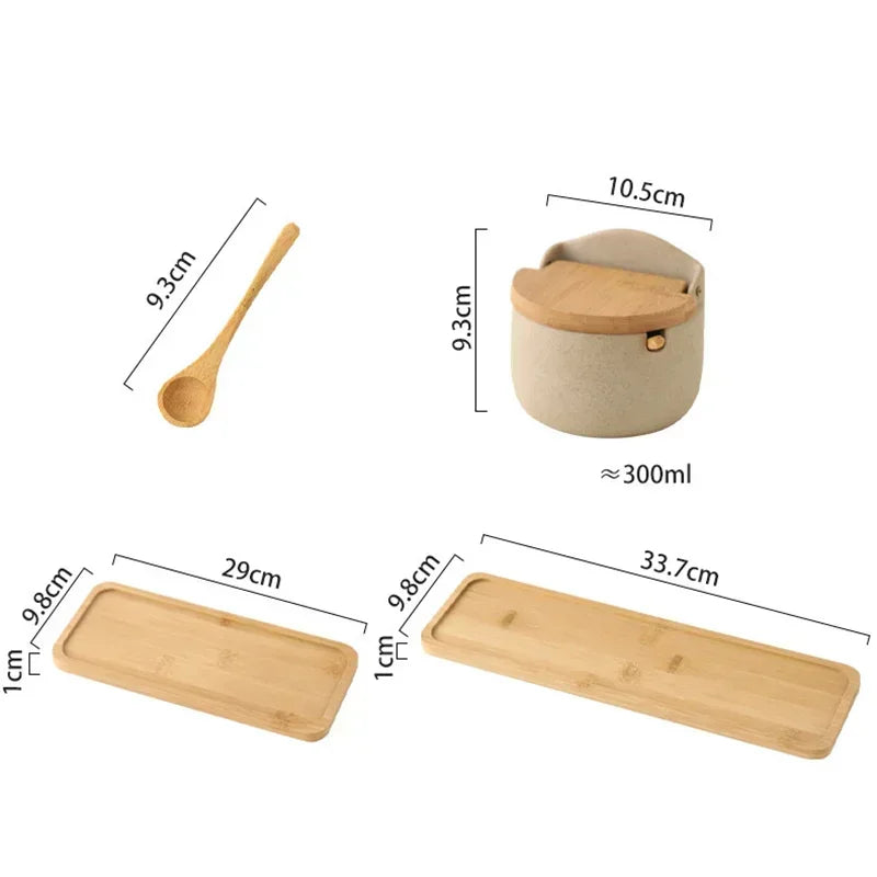 Jarra de tempero de cerâmica estilo japonês, tampa de bambu, jarra de especiarias com colher, cozinha, açúcar, sal, especiarias, caixa de armazenamento, recipiente doméstico