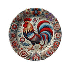 Prato Decorativo de Cerâmica com Estampa Floral de Galo - Design Vibrante em Vermelho, Azul e Dourado, Não Tóxico para Alimentos, Perfeito para Casa e Sala de Estar
