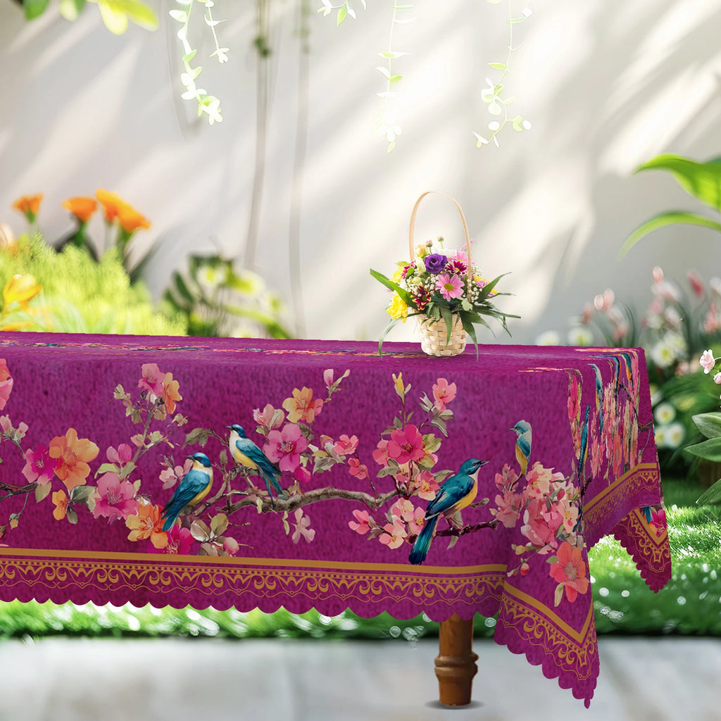 Toalha de mesa floral e pássaro estilo chinês, padrão floral e pássaro rosa, estilo de pintura de lavagem de tinta, pássaro azul, padrão de impressão floral florescendo, bordas em relevo, presente perfeito para família e amigos