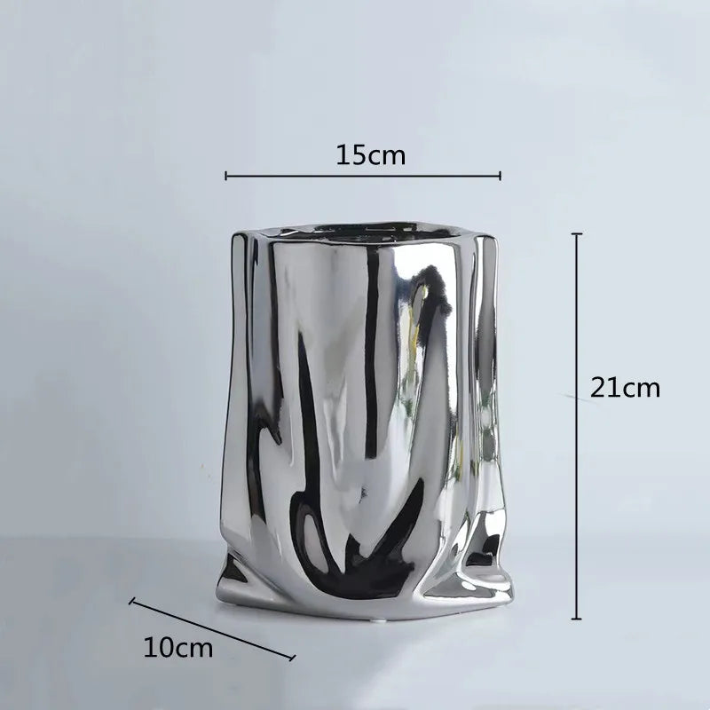 Prata ruffled flor vaso de cerâmica porcelana arranjo flor decoração saco forma terrário vasos decoração para casa