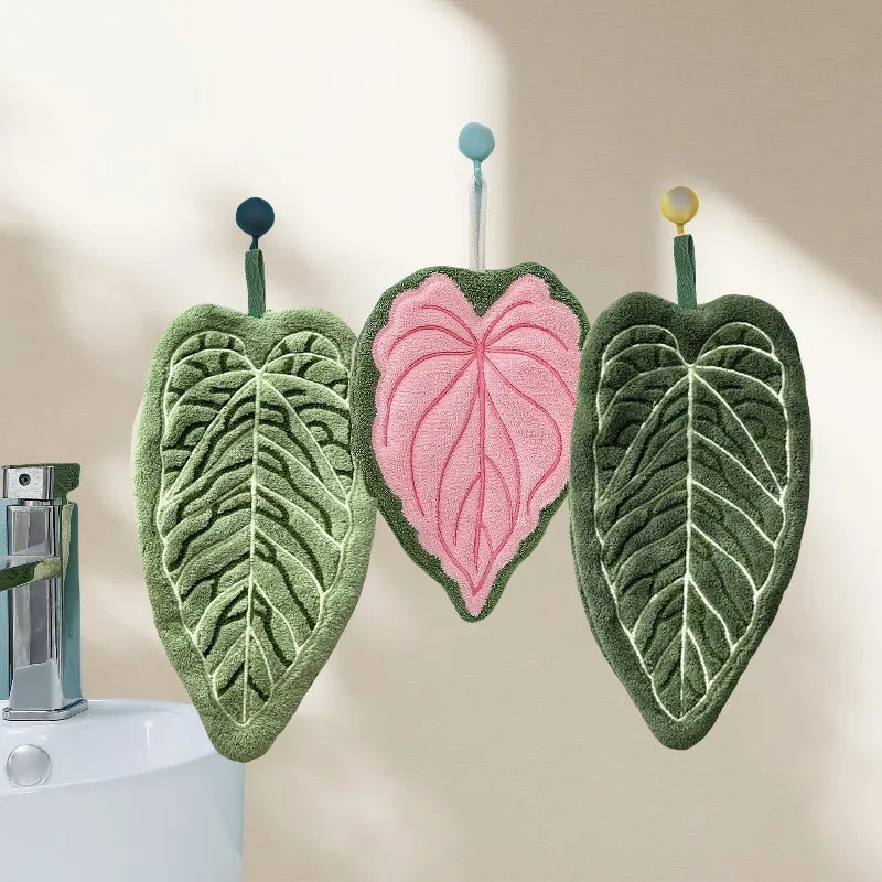 1pc toalha de mão de veludo coral, forma de folha de planta, pode ser pendurada para uso conveniente, superabsorvente, toalha de mão de cozinha e banheiro