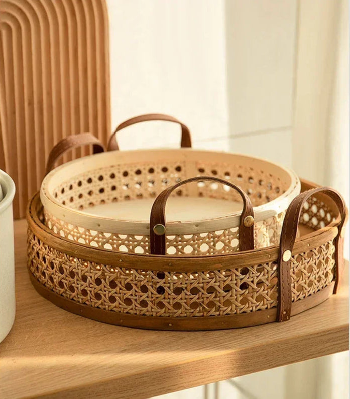Nordic retro artesanal armazenamento rattan bandeja de couro alça frutas pão diversos desktop decoração da família cesta redonda pequena