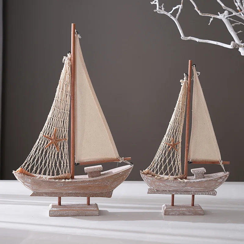 Ornamentos de barco à vela de madeira estilo mediterrâneo retrô feitos à mão pequeno modelo de barco de pesca de madeira artesanato de mesa presente faça você mesmo decoração de casa
