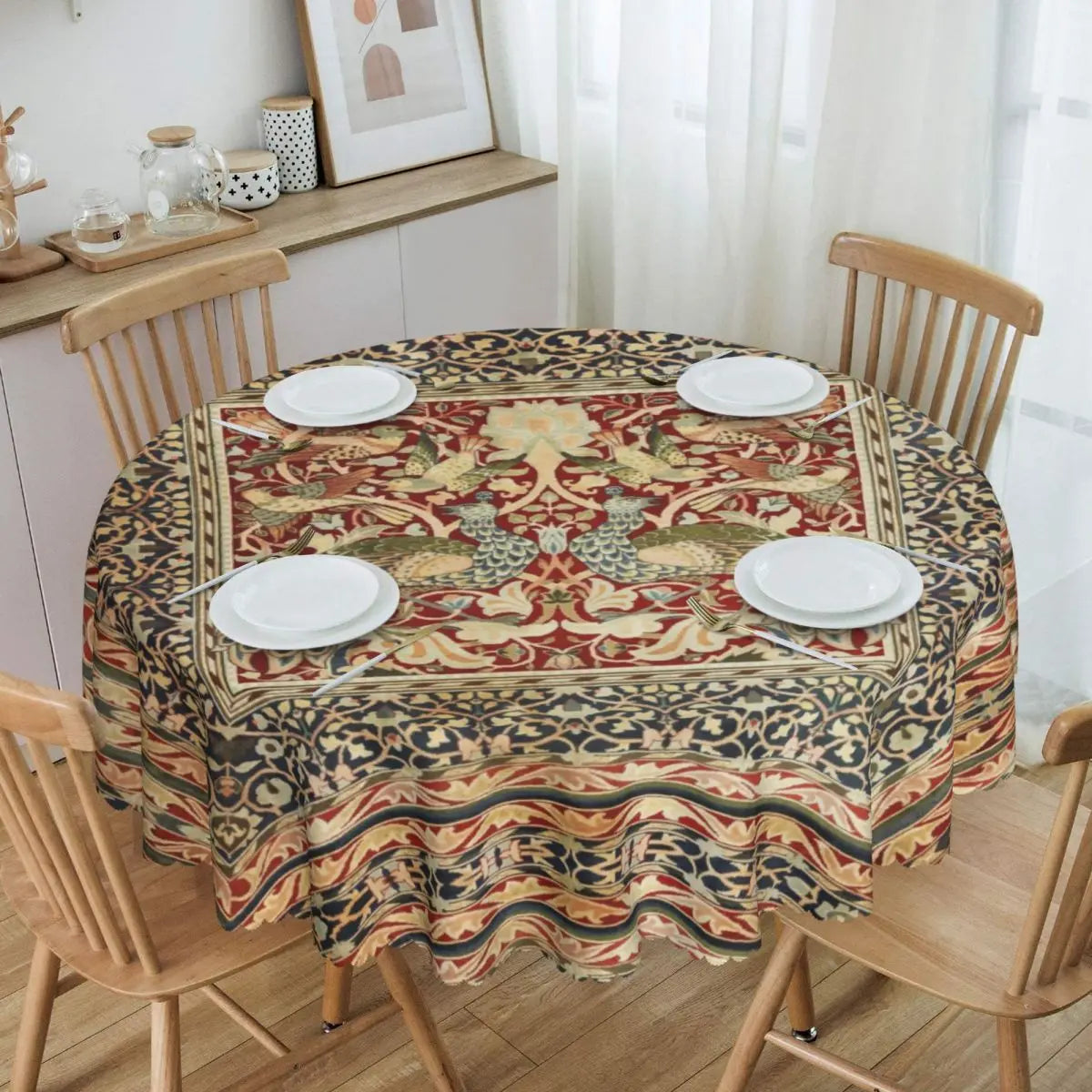 Redonda Pavões E Raposa Por William Morris Toalha De Mesa À Prova De Óleo À Prova D' Água Cobre Animais Da Floresta Têxtil Padrão Toalha De Mesa