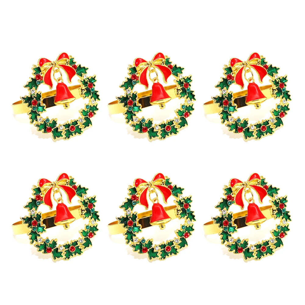 6 pçs anéis de guardanapo de natal árvore de natal floco de neve veados quebra-nozes guardanapo titular fivela de guardanapo de ouro para festa de natal decoração de mesa