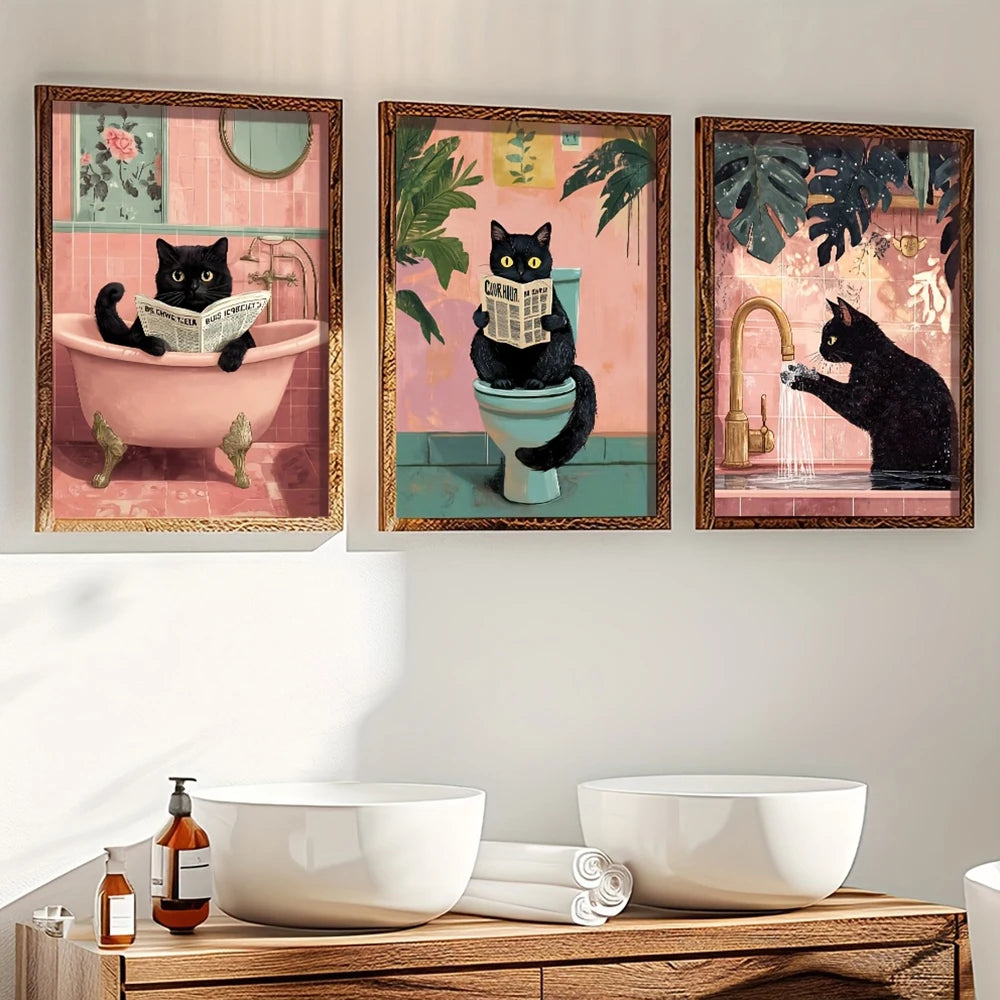 Caprichoso gato preto leitura jornal cartaz imprime banheiro vintage rosa maximalista decoração engraçado toalete pintura em tela arte da parede