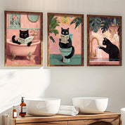 Caprichoso gato preto leitura jornal cartaz imprime banheiro vintage rosa maximalista decoração engraçado toalete pintura em tela arte da parede