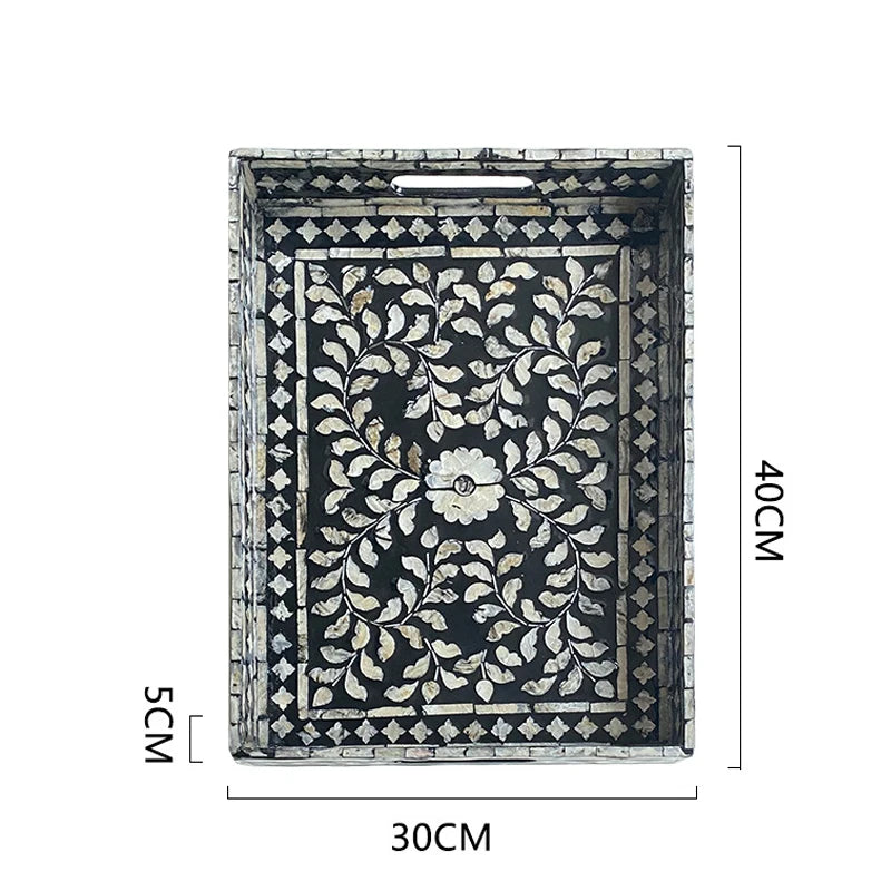 Ahunderjiaz-Bandeja Retro Shell Quadrado, Sala De Jantar E Sala De Estar, Decorações De Mesa, Armazenamento De Luxo Preto Leve, Bandeja De Frutas, Casa D