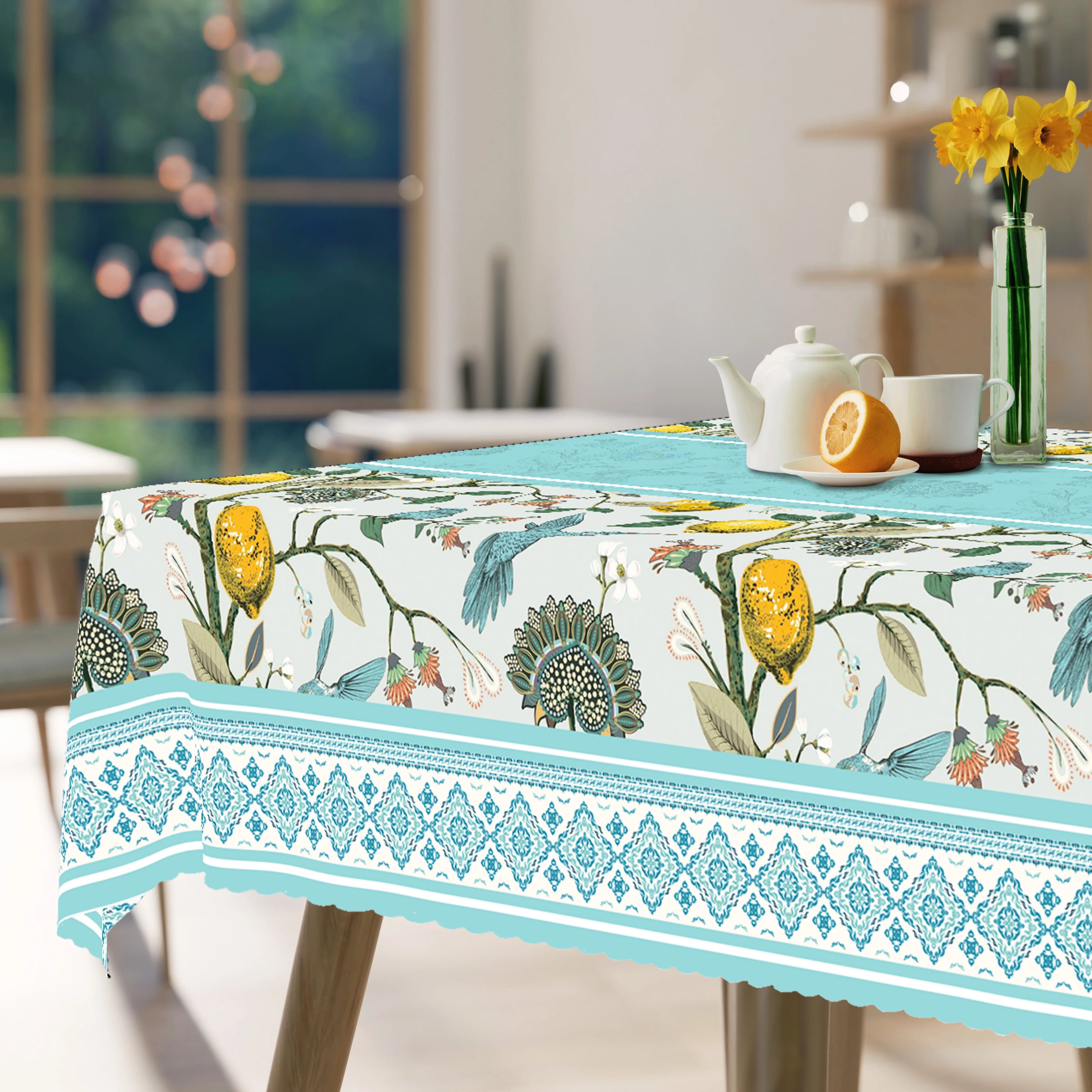 Toalha de mesa estilo vintage, design floral retrô clássico, beija-flor, galhos, limões vibrantes, bordas em relevo, à prova d'água, resistente ao desbotamento, adequado para mesa de jantar, varanda P-084