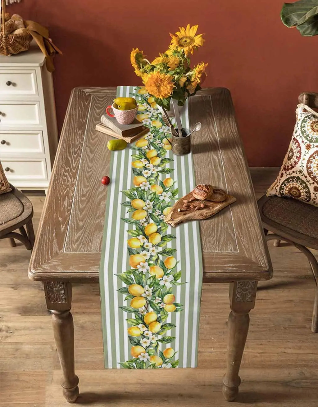 Verão limão frutas flores linho corredor de mesa cômoda cachecol decoração verde branco listrado corredores de mesa feriado cozinha festa decoração