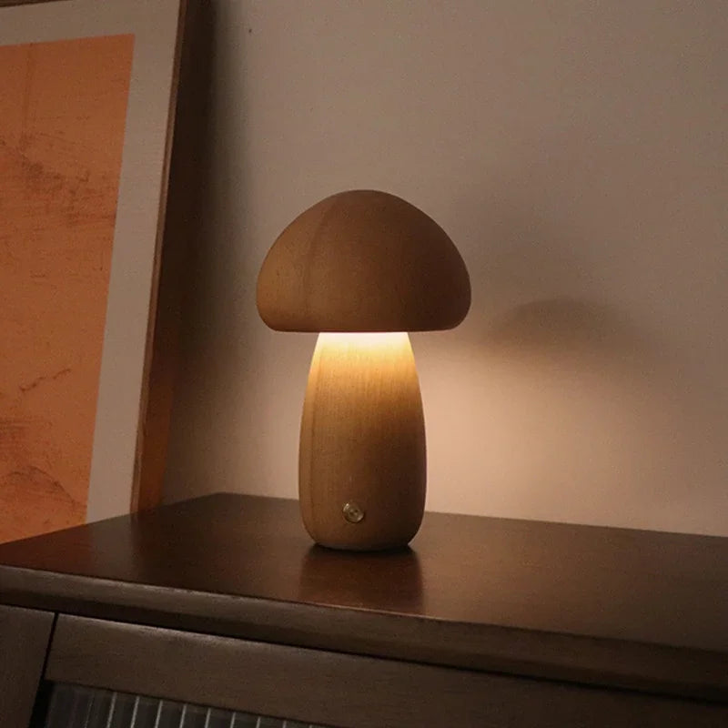 Cogumelo bonito led night light lâmpada de mesa de cabeceira de madeira com interruptor de toque decoração do quarto lâmpada de cogumelo ambiental de alto nível
