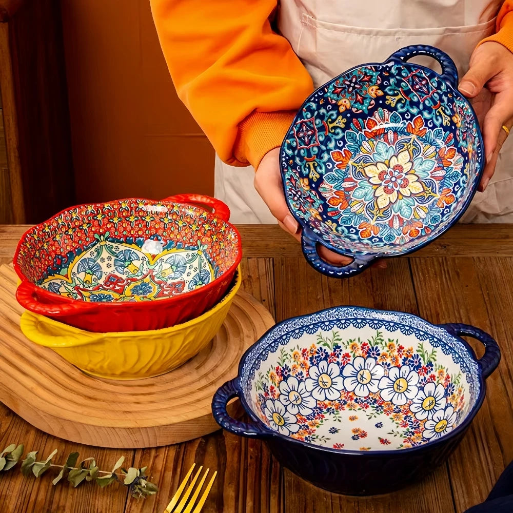 Tigela de sopa de cerâmica estilo boêmio com alça, design seguro para micro-ondas em relevo, ótimo para servir sopa, saladas, macarrão ramen