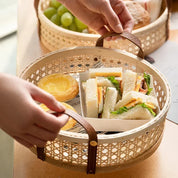 Nordic retro artesanal armazenamento rattan bandeja de couro alça frutas pão diversos desktop decoração da família cesta redonda pequena