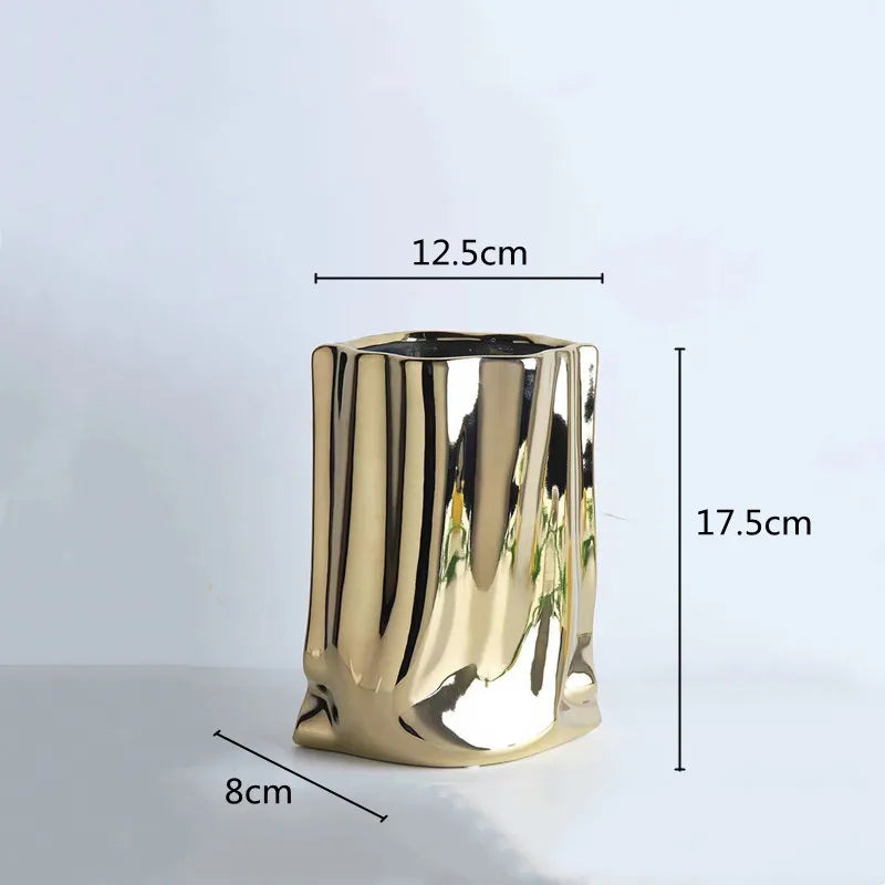 Prata ruffled flor vaso de cerâmica porcelana arranjo flor decoração saco forma terrário vasos decoração para casa