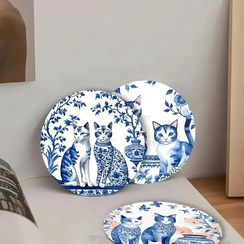 Conjunto de 6 porta-copos - Base de madeira de gato de cerâmica com ilustração felina floral, perfeita para mesa de centro, cozinha, decoração de sala de estar