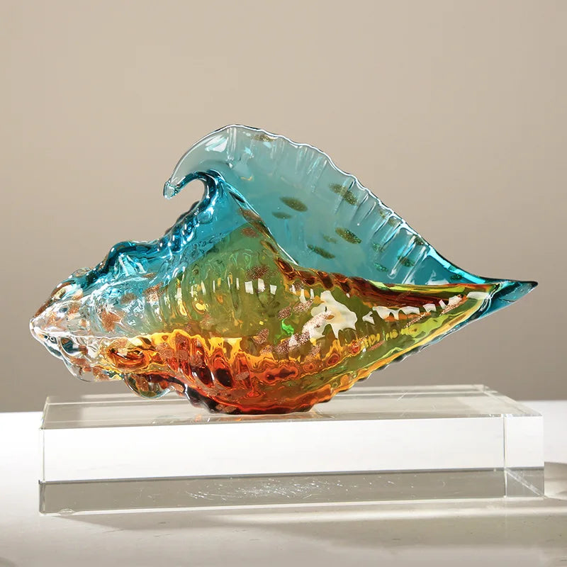 Escultura de concha de vidro colorida elegante, feita à mão, decoração de concha do mar, ornamento moderno para casa, hall premium, prateleira de estudo, item decorativo