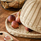 Handwoven Rattan Bread Basket, alimentos frutas e legumes servindo cestas, capa à prova de poeira, organizador despensa para cozinha
