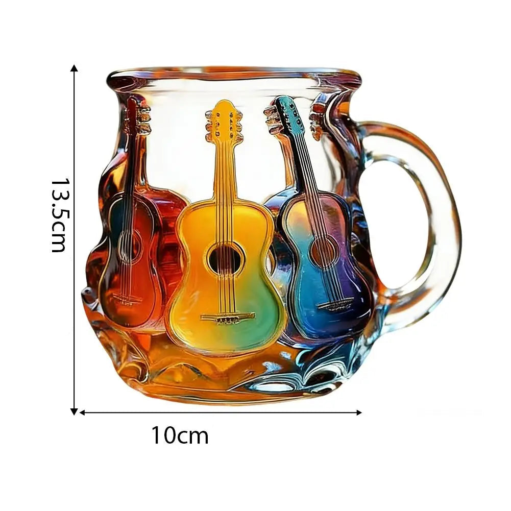 Copo de vidro de guitarra pintado 350ml novidade 3d pintado caneca de café exclusivo colorido pilha de guitarra copo de café coleção presentes