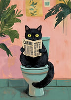 Caprichoso gato preto leitura jornal cartaz imprime banheiro vintage rosa maximalista decoração engraçado toalete pintura em tela arte da parede