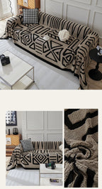 Capa de sofá de pelúcia de lã polar, espessura de pano, antiderrapante, toalha de sofá, estampa geométrica, almofada de assento, cobertor de cobertura completa