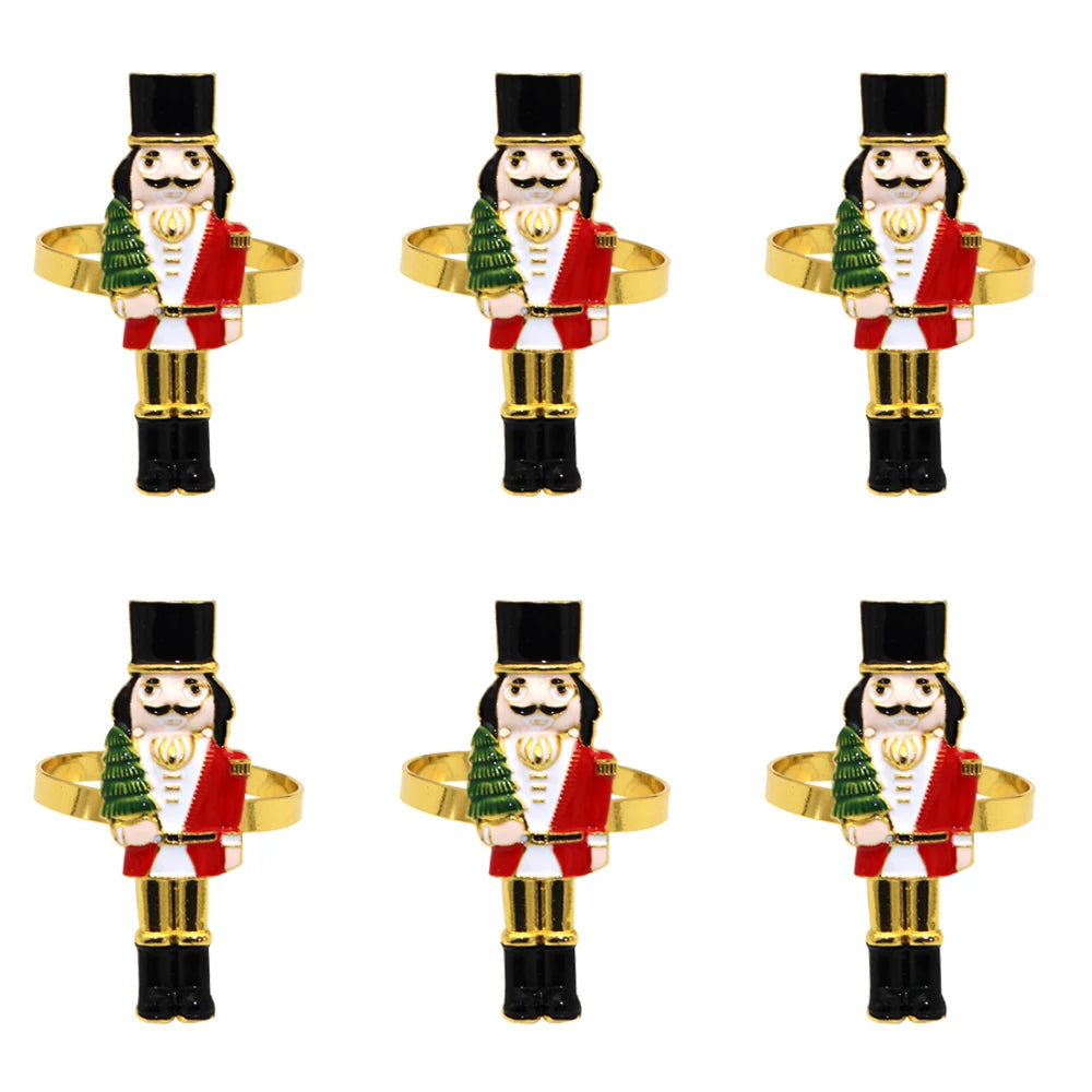 6 pçs anéis de guardanapo de natal árvore de natal floco de neve veados quebra-nozes guardanapo titular fivela de guardanapo de ouro para festa de natal decoração de mesa