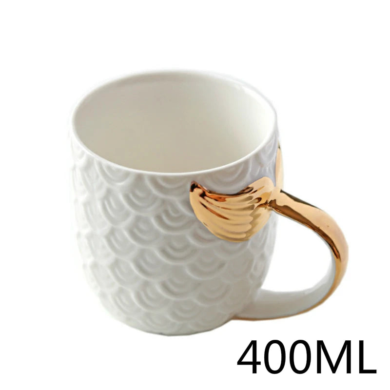 Canecas de 400ml com alça de cauda de sereia dourada, caneca criativa de cerâmica para café, chá, leite, rabo de peixe, presentes novidade