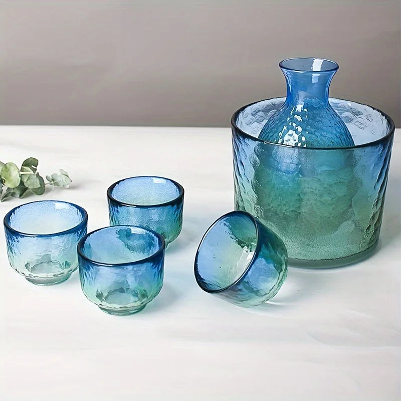 Conjunto de saquê de vidro martelado estilo japonês garrafa e copos de saquê utensílios de bar para casa