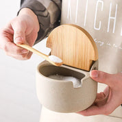 Jarra de tempero de cerâmica estilo japonês, tampa de bambu, jarra de especiarias com colher, cozinha, açúcar, sal, especiarias, caixa de armazenamento, recipiente doméstico